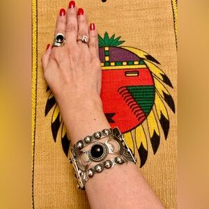 Heavy 71 Grams Mexican Silver 925 Onyx Cabochon Stones Wide Link Bracelet